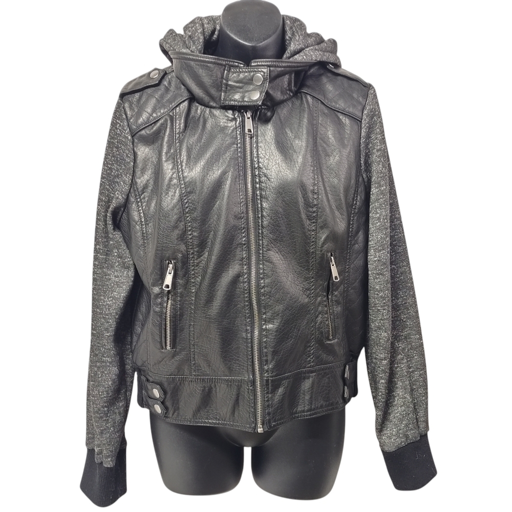 Urbanology Women's Black Faux Leather Hooded Zip Up Lined  Jacket Size XL